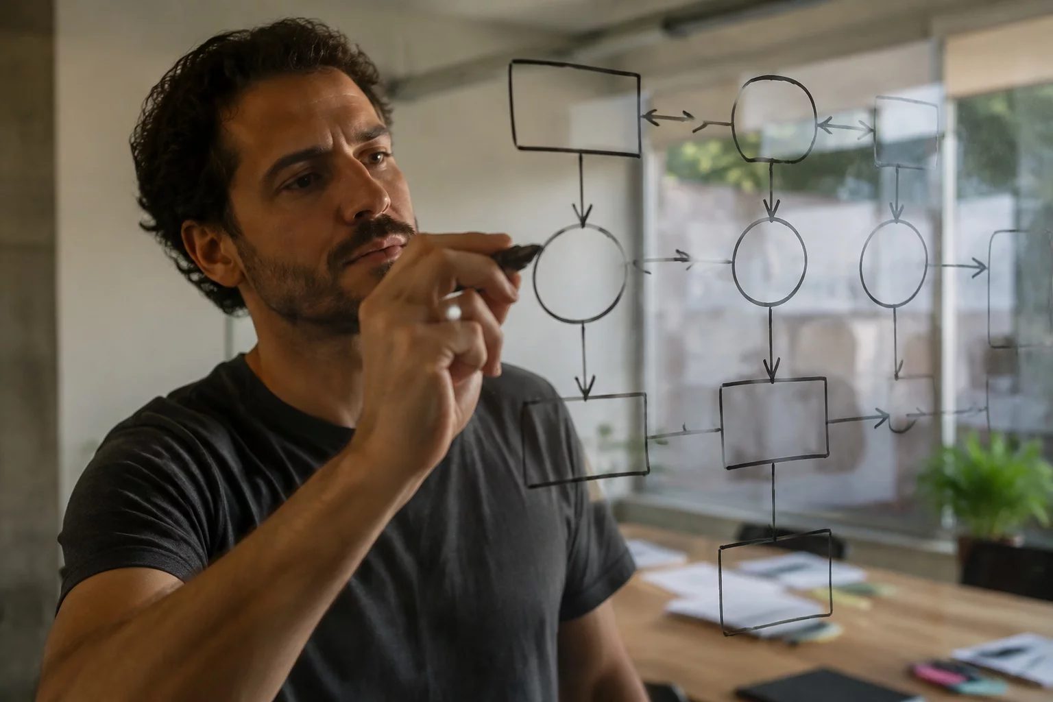 Duas pessoas diante de um quadro branco com um mapa de argumento desenhado à mão