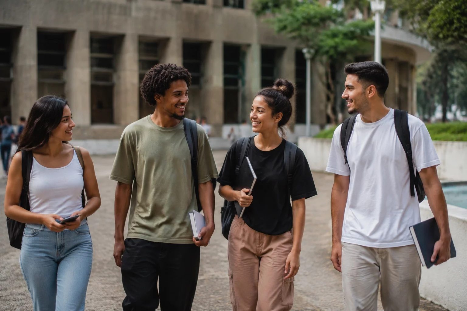 Estudantes com mochilas conversando no corredor de uma universidade