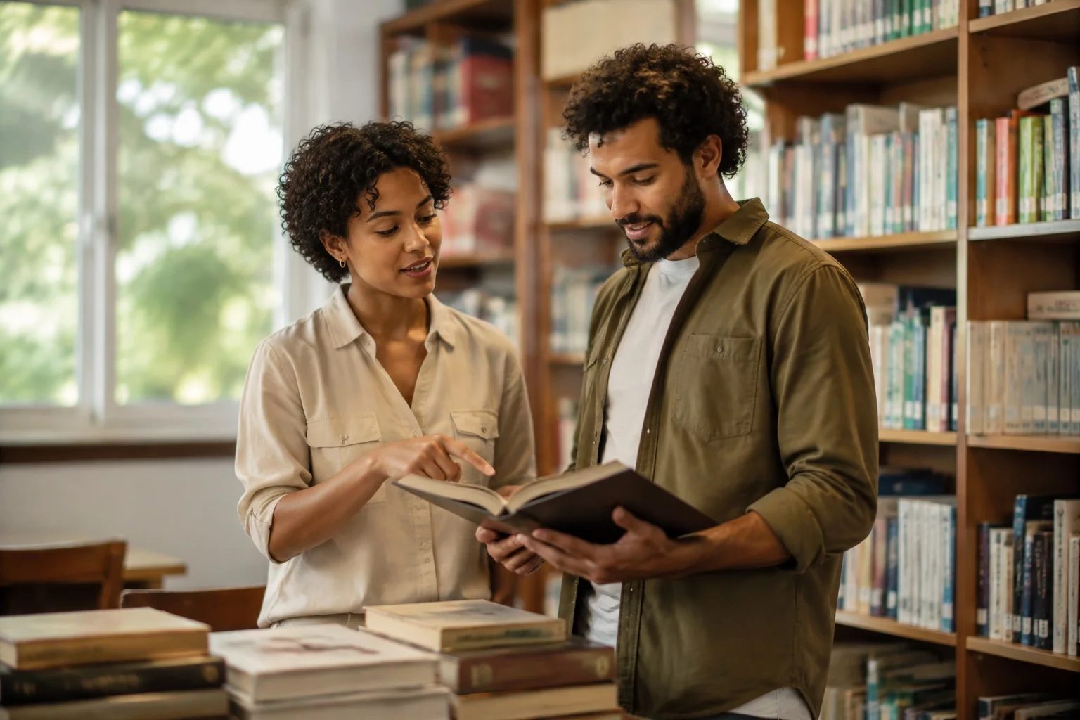 Estudantes conversando em pé entre as estantes de uma biblioteca