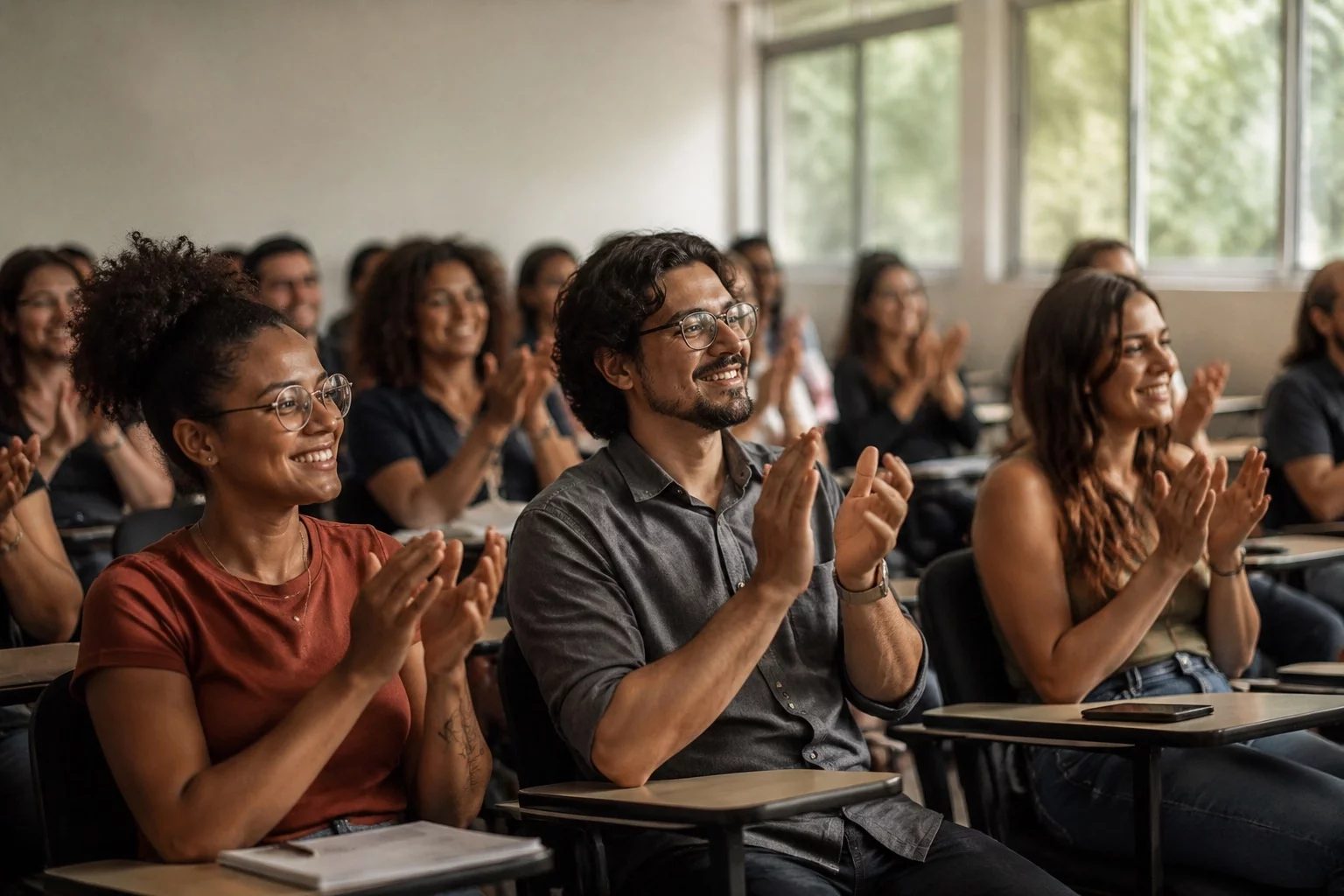 Grupo sorrindo após uma rodada de debate, com papéis nas mãos